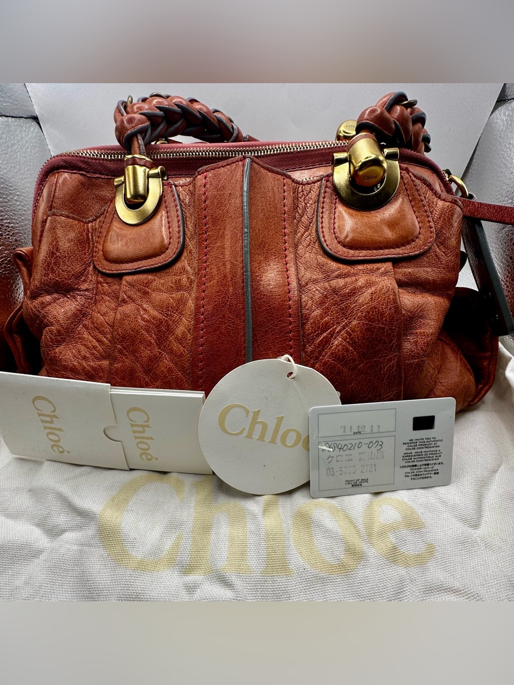 Chloé HELOISE HANDBAG Rust Leather Satchel with Braided Handle and Gold Hardware